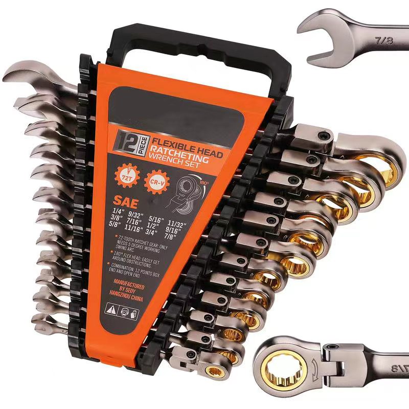 Flex-Head Ratcheting Wrench Set – Metric & SAE Combination Wrenches with Organizer, 72-Tooth Chrome Vanadium Steel
