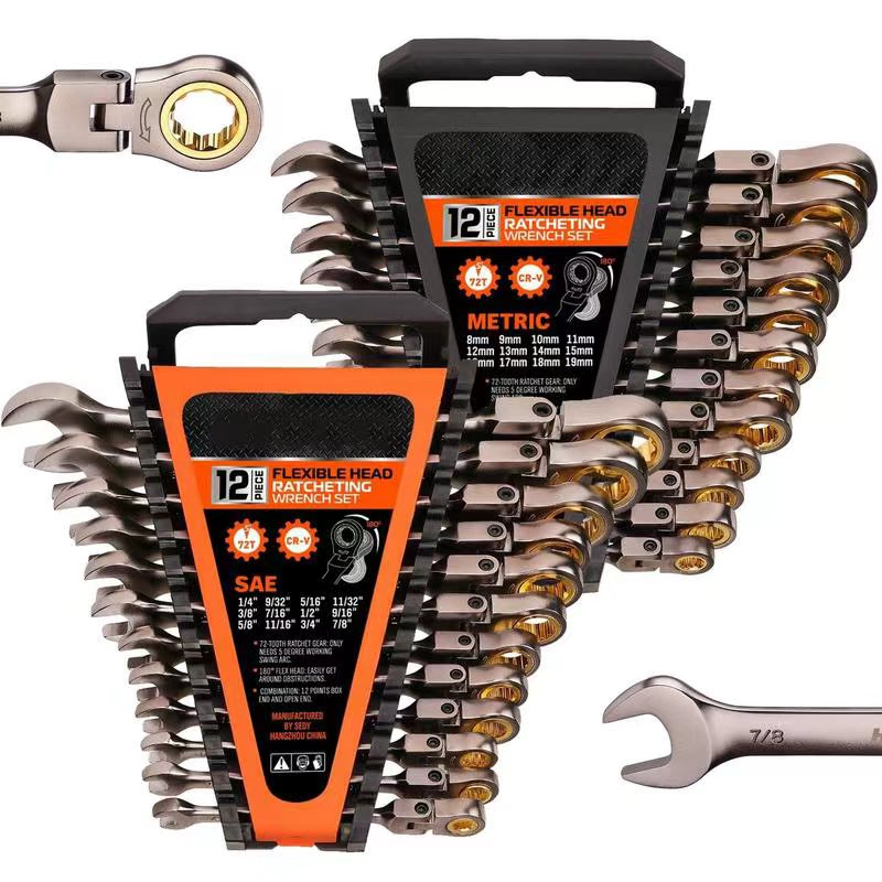 Flex-Head Ratcheting Wrench Set – Metric & SAE Combination Wrenches with Organizer, 72-Tooth Chrome Vanadium Steel