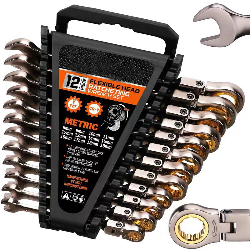 Flex-Head Ratcheting Wrench Set – Metric & SAE Combination Wrenches with Organizer, 72-Tooth Chrome Vanadium Steel