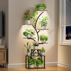 Indoor Plant Stand with Grow Lights – Tree-Shaped Metal Flower Display Rack for Home and Patio, Black