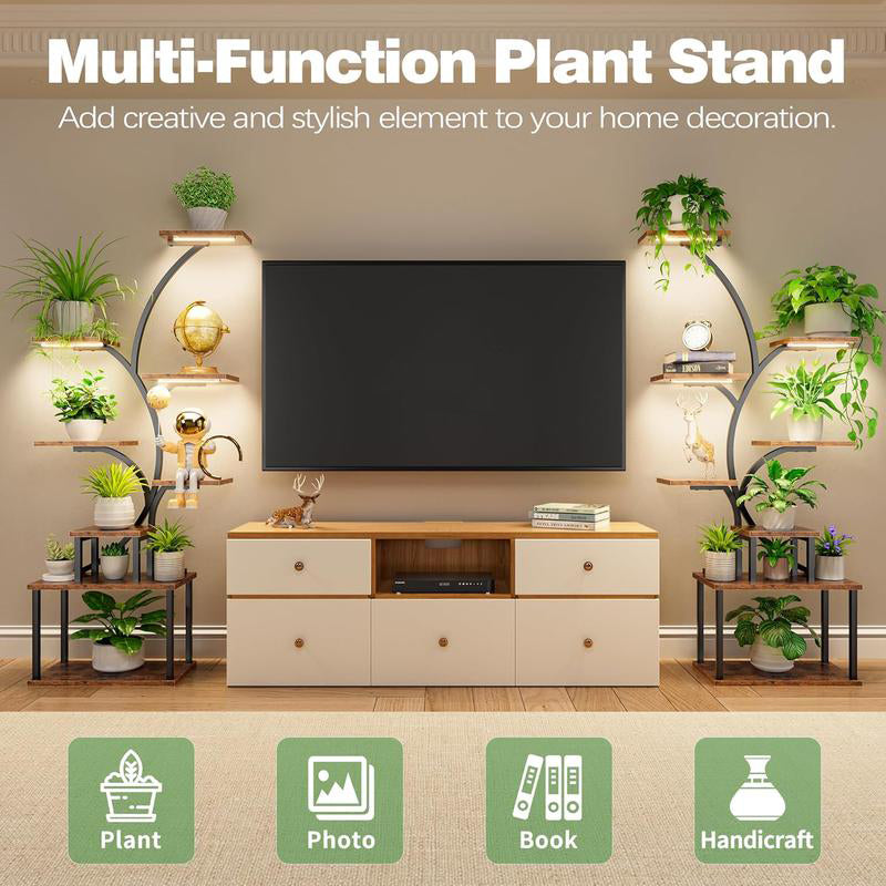 Indoor Plant Stand with Grow Lights – Tree-Shaped Metal Flower Display Rack for Home and Patio, Black