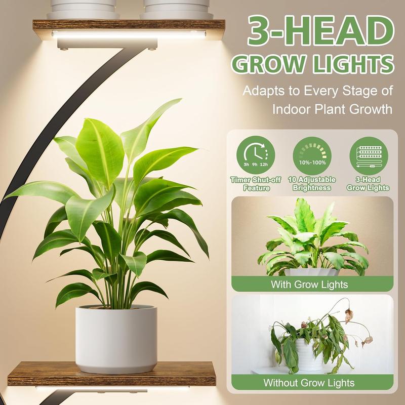 Indoor Plant Stand with Grow Lights – Tree-Shaped Metal Flower Display Rack for Home and Patio, Black