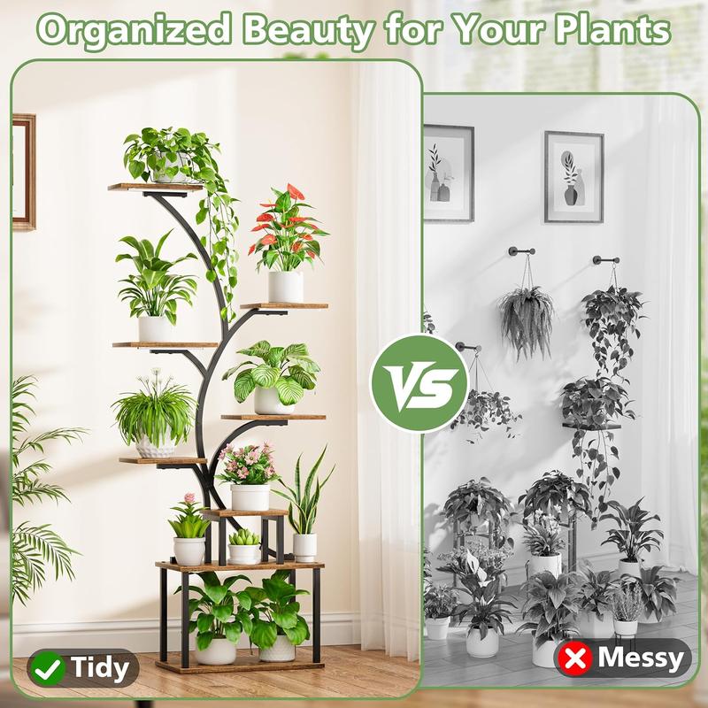 Indoor Plant Stand with Grow Lights – Tree-Shaped Metal Flower Display Rack for Home and Patio, Black