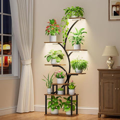 Indoor Plant Stand with Grow Lights – Tree-Shaped Metal Flower Display Rack for Home and Patio, Black