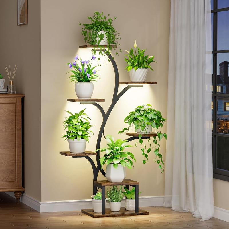Indoor Plant Stand with Grow Lights – Tree-Shaped Metal Flower Display Rack for Home and Patio, Black