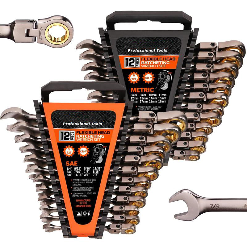 Flex-Head Ratcheting Wrench Set – Metric & SAE Combination Wrenches with Organizer, 72-Tooth Chrome Vanadium Steel