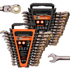 Flex-Head Ratcheting Wrench Set – Metric & SAE Combination Wrenches with Organizer, 72-Tooth Chrome Vanadium Steel