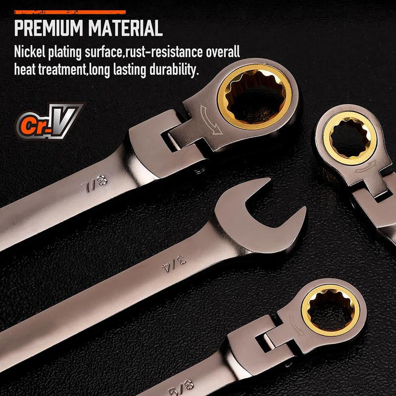 Flex-Head Ratcheting Wrench Set – Metric & SAE Combination Wrenches with Organizer, 72-Tooth Chrome Vanadium Steel