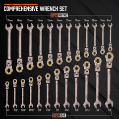 Flex-Head Ratcheting Wrench Set – Metric & SAE Combination Wrenches with Organizer, 72-Tooth Chrome Vanadium Steel
