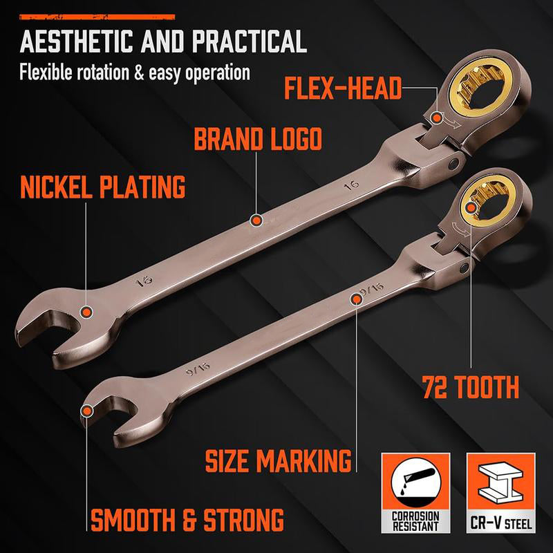 Flex-Head Ratcheting Wrench Set – Metric & SAE Combination Wrenches with Organizer, 72-Tooth Chrome Vanadium Steel