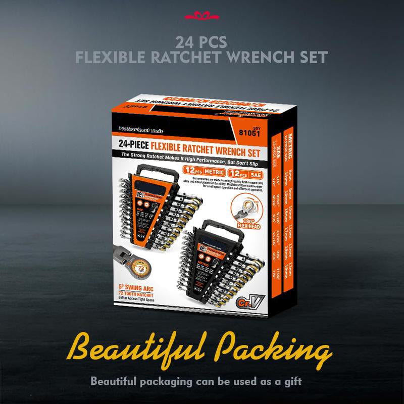 Flex-Head Ratcheting Wrench Set – Metric & SAE Combination Wrenches with Organizer, 72-Tooth Chrome Vanadium Steel
